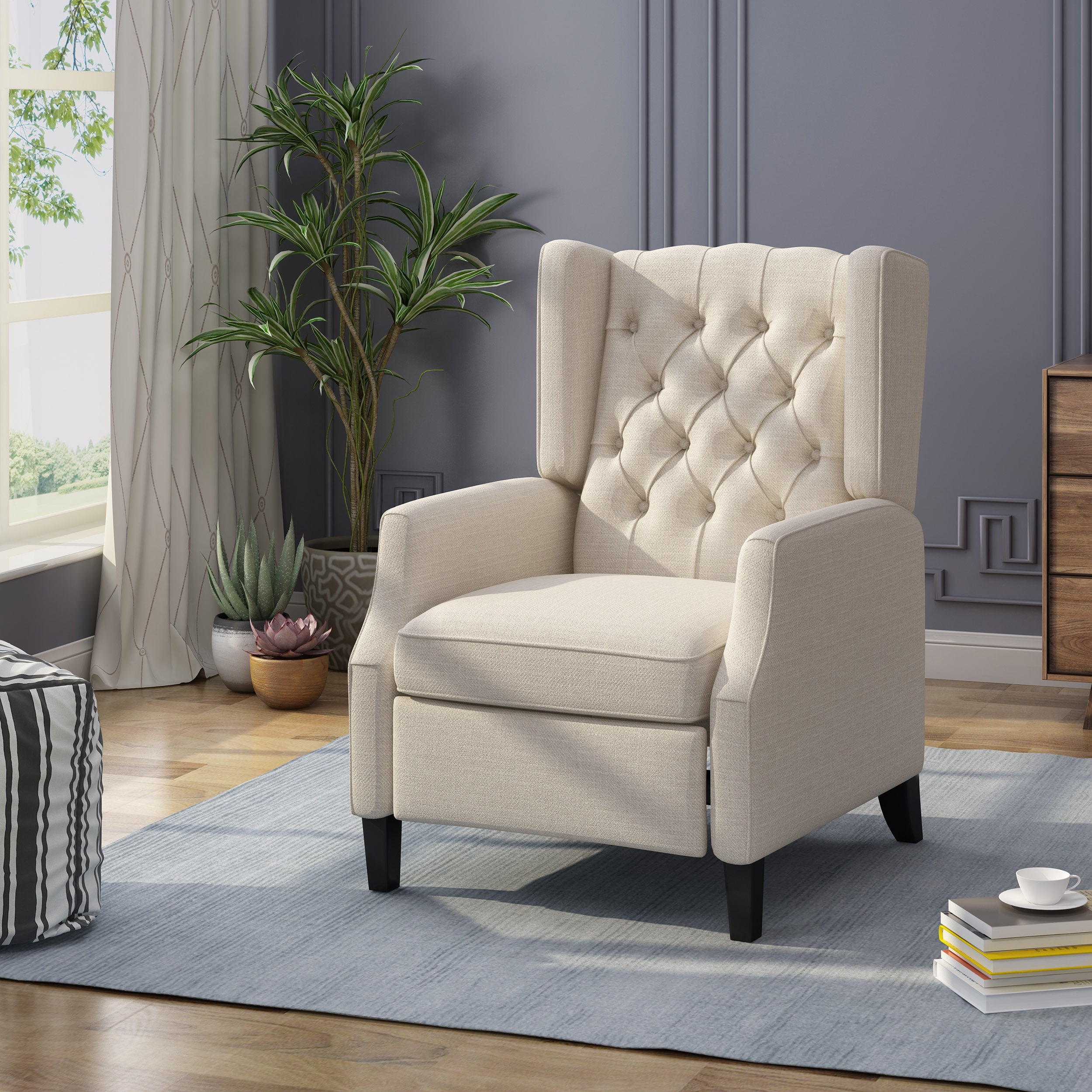 Noble House Zakyiah Standard Fabric Wingback Recliner, Beige