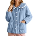 thumbnail image 5 of XRoczxe Women Fuzzy Fleece Button Front Sleep Jacket Lace Ruffle Peter Pan Collar Large Side Pockets Soft Warm Winter Loungewear Coat 7 Elegant Solid Colors, 5 of 5