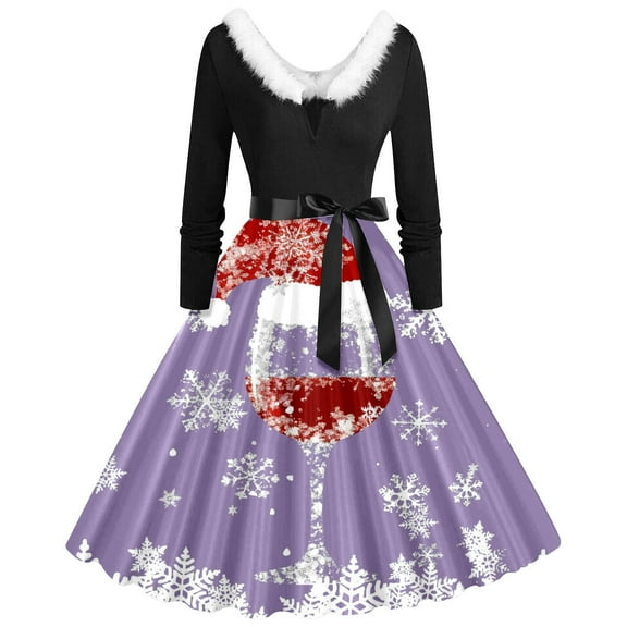 Christmas Dress for Women Christmas Outfits for women's Autumn/Winter Christmas Printed V Neck Long Sleeve Lace Up Vintage Casual Dress (velvet Neckline)