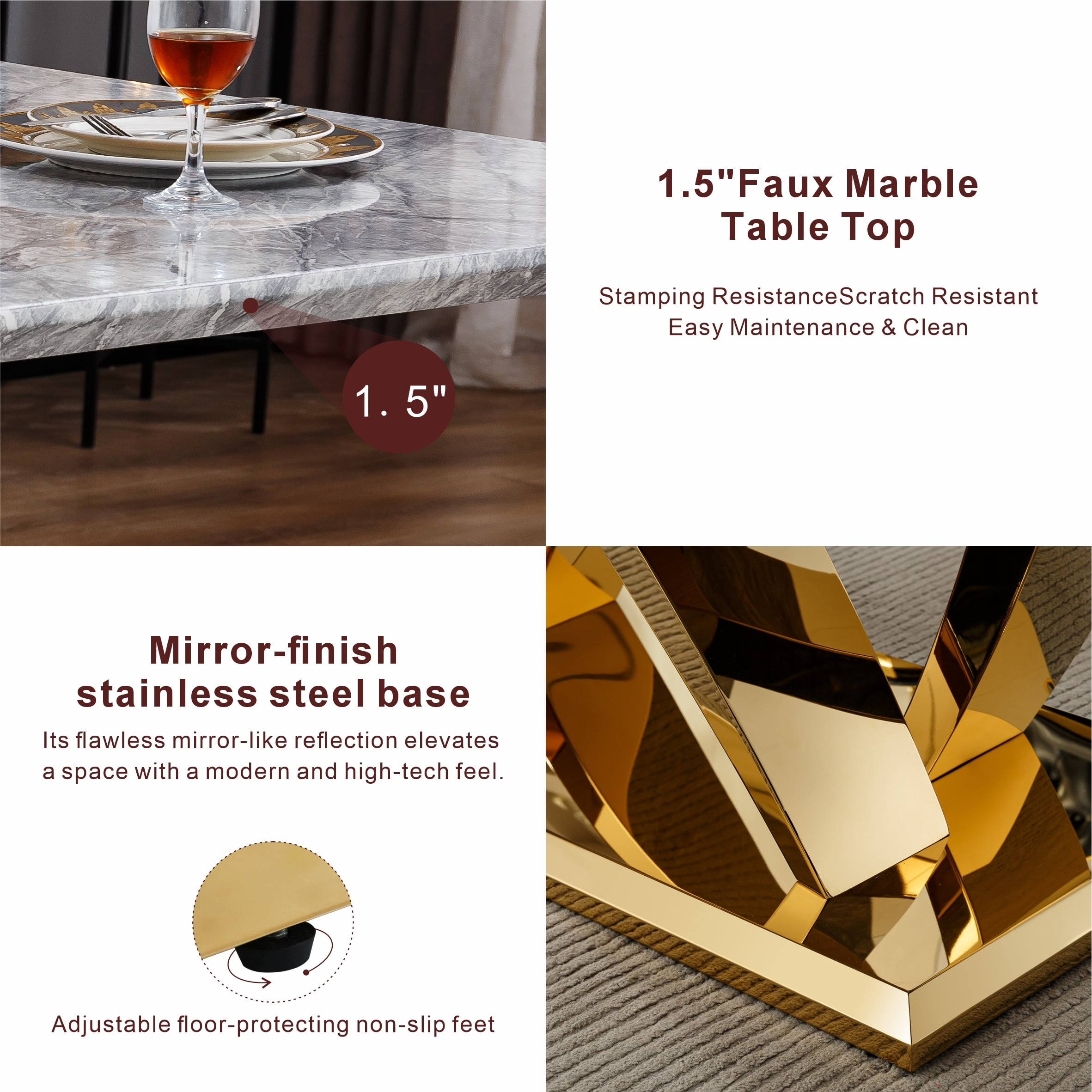 Shikeyi 70" Marble Dining Table for 6-8, Modern Luxury Gold Rectangular Large Kitchen Table, Marble Grain MDF Tabletop & Stainless Steel Base for Kitchen Dining Room, Grey (Table Only)