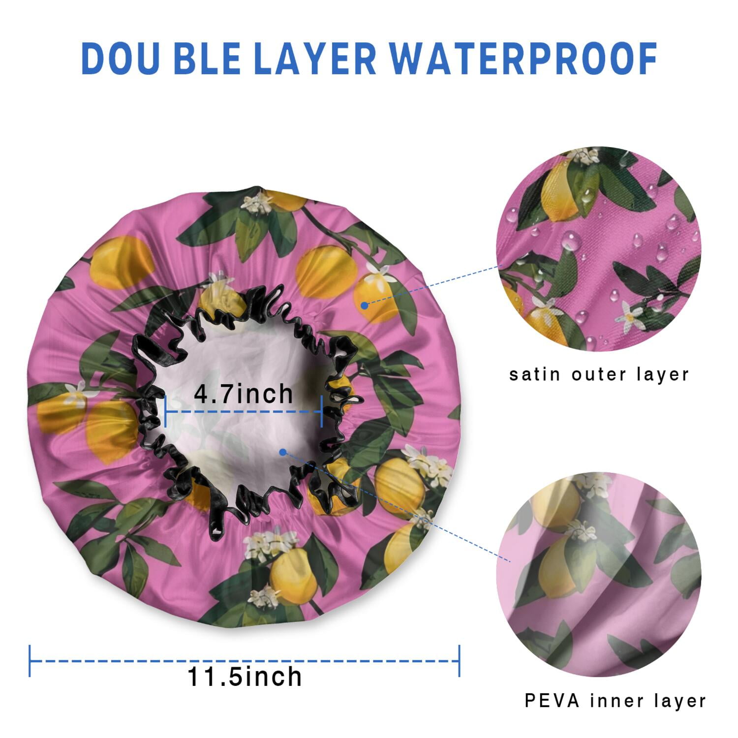 Shower Caps,Yellow Lemon Flowers Pink Pattern Waterproof Shower Cap for Women 4 Pieces,Double Reusable Hair Cover for Shower PEVA Elastic Stretch Hem