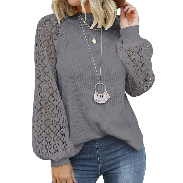 Coloody Hauts en Dentelle à Manches Longues pour Femmes Blouses Décontractées de Bureau Col Rond T-Shirts Unis