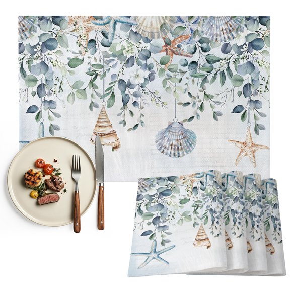 Blue Coastal Placemats Set of 2, Eucalyptus Leaves Summer Beach Starfish Washable Wipeable Table Mats for Dining Tables, Indoor Outdoor Kitchen Place Mats for Holiday Party Table Decor
