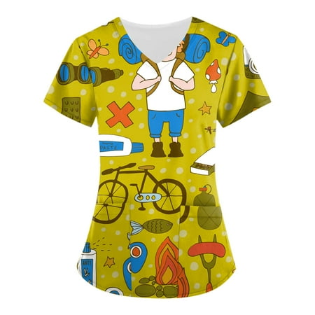 

Apepal Women Fashion V-neck Short Sleeve with Pockets Printed Scrub Tops