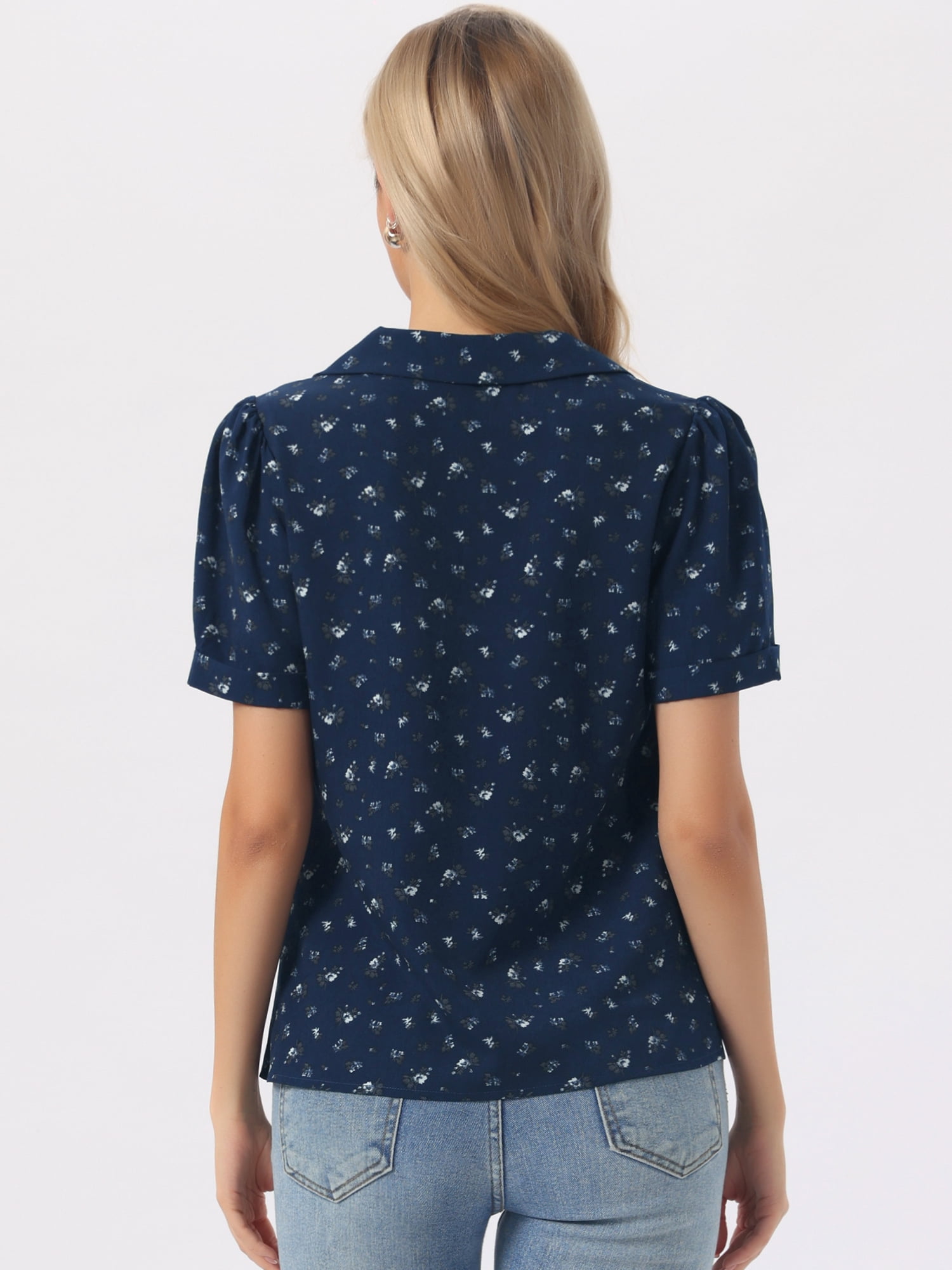 DARING DIVA Women's Floral Short Sleeve V Neck Blouses M Dark Blue