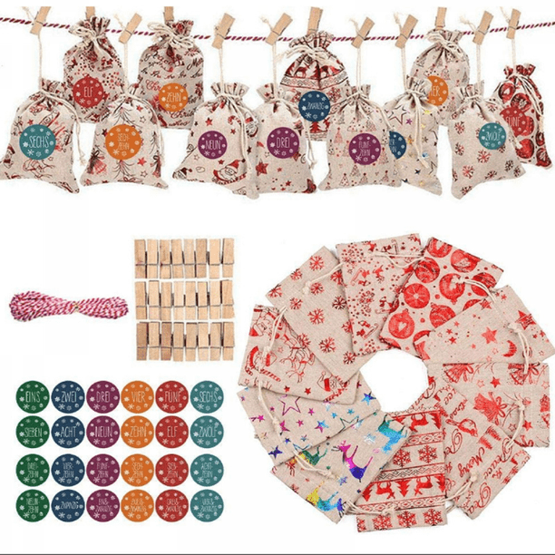 24 Pieces Christmas Advent Calendar Bags, 24 Days Countdown Calendar ...