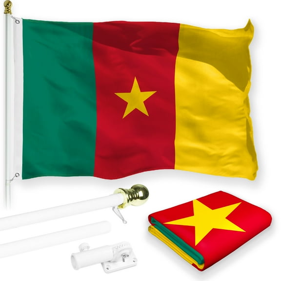 G128 Combo Pack: 6 Feet Tangle Free Spinning Flagpole (White) Cameroon Cameroonian Flag 3x5 ft Printed 150D Brass Grommets (Flag Included) Aluminum Flag Pole