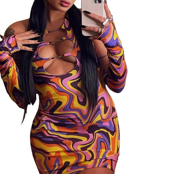 Qmyliery Women's Halter Dress, Solid Color/Printing Hollow-Out Sleeveless Backless Mini Bodycon Dress,S/M/L