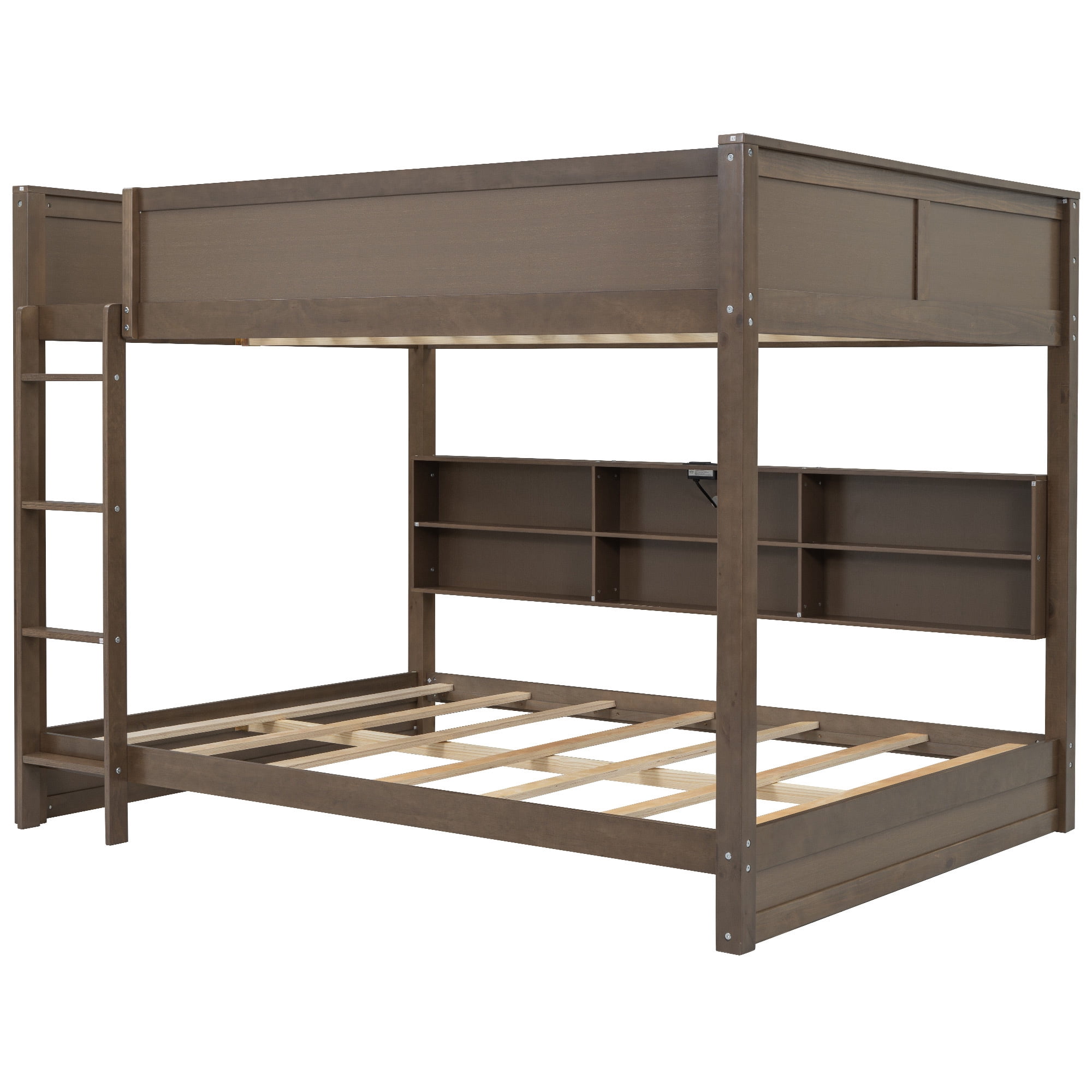 Euroco Wood Queen over Queen Bunk Bed with Bookcase, Shelves and USB Charging Station, Antique Wood