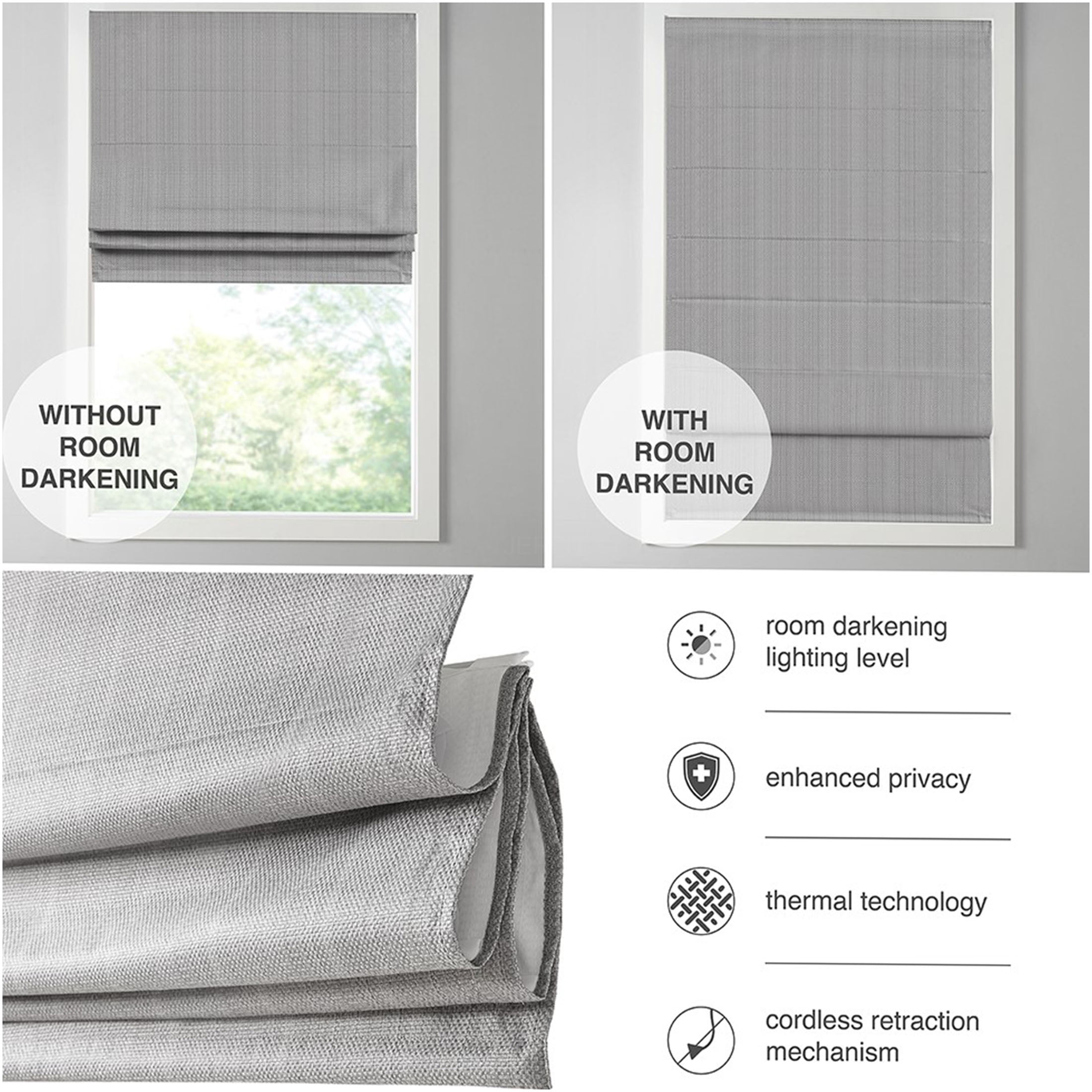 JERFIT Grey Basketweave Cordless Roman Shade for Windows, Thermal Insulated Room Darkening Window Blinds, 64" Length, Easy Mount & Clean, Polyester Fabric