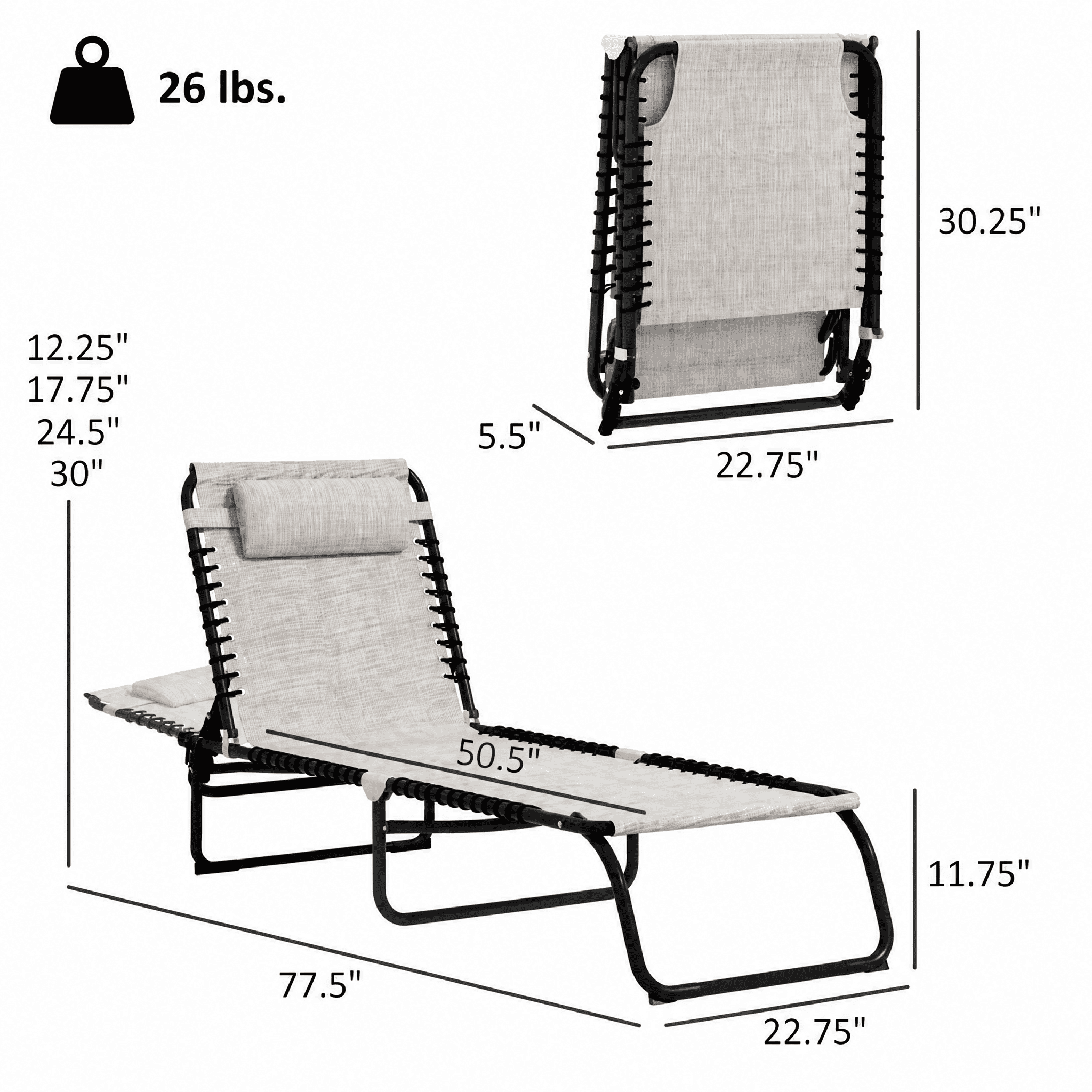 2-Pack Outdoor Folding Chaise Lounge Chairs 4-Position Backrest & 2-Position Footrest Cream White Mesh Reclining Loungers with Steel Frame for Pool Beach Camping