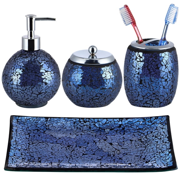 Set de Accesorios para Baño Sanbege de Vidrio Mosaico, 4 Piezas, Azul Brillante