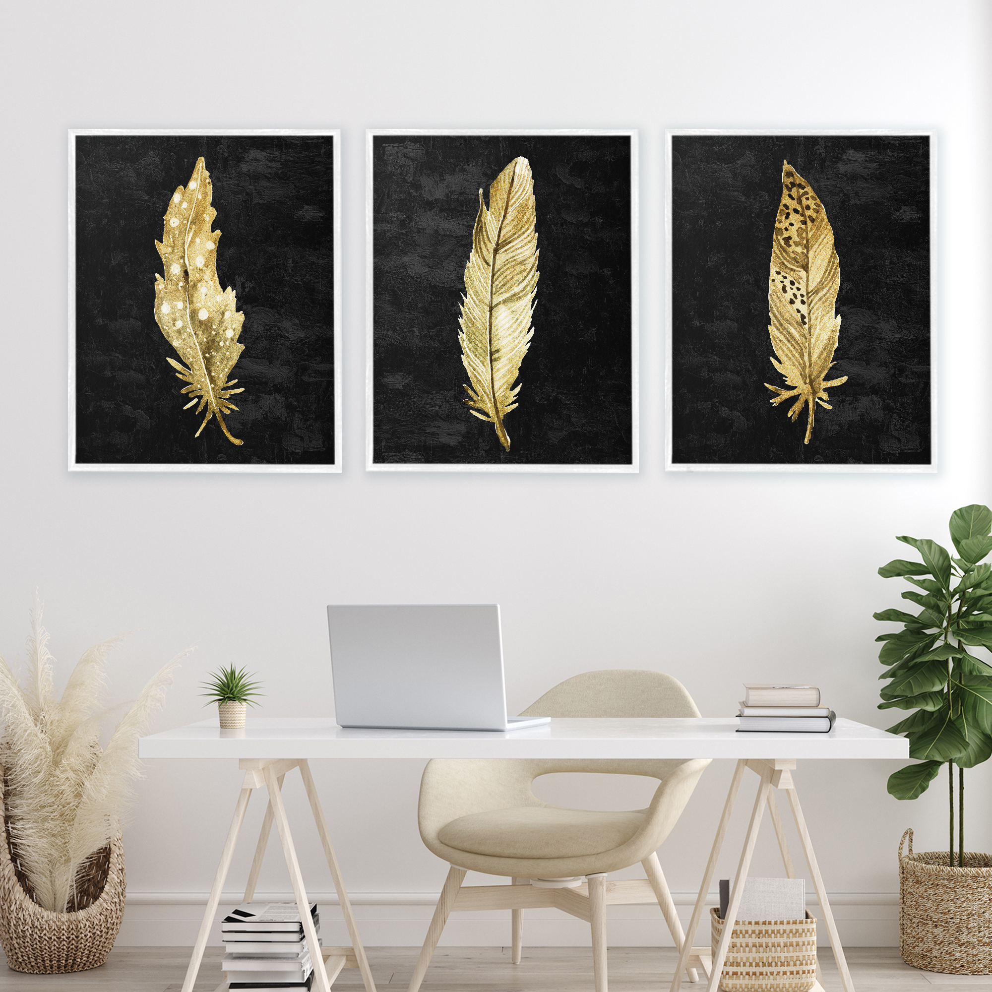 Black & Gold Feathers 3 Piece White Framed Giclee Art Set, design by Kim Allen
