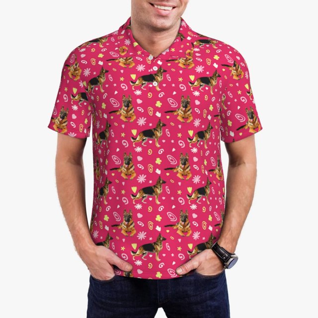 Lsque German Shepherd Dog Pattern Golf Shirts for Men Dry Fit Print Moisture Wicking Performance Short Sleeve Polo Shirt-4X-Large