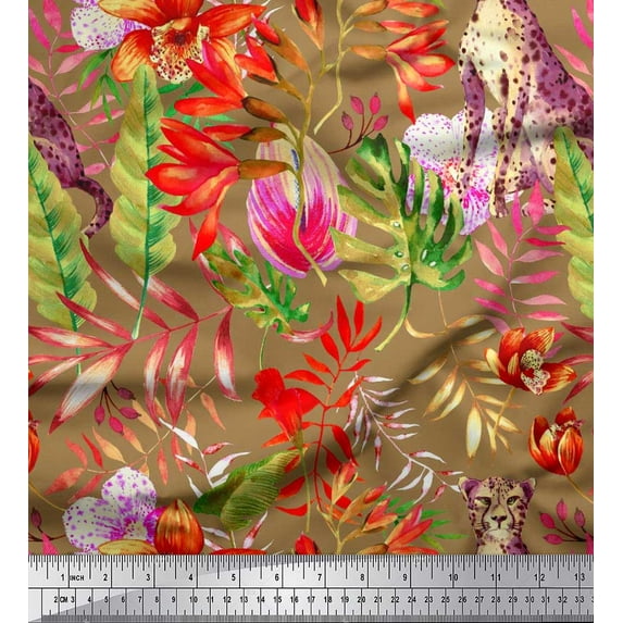 Soimoi Brown Modal Satin Fabric Leaves,Floral & Leopard Jungle Fabric Prints by Yard 42 Inch Wide