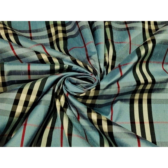 100% Silk dupioni fabric blue, black, ivory, maroon colour tartan plaids 54" wide DUP#C80[1]