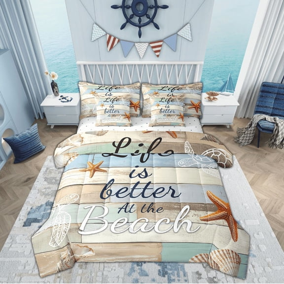 Manfei Lake House Bed in a Bag Twin size, Beach Seashell Bed Set, Lodge Cabin Reversible Bedding Twin Size, Super Cozy Bedroom Decoration, 7-Piece