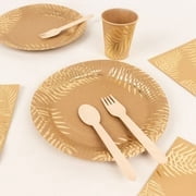 Efavormart 72 Pcs Natural Disposable Party Supplies Kit With Gold Foil Palm Leaves Print, Paper Plates Cups Napkins Tableware Combo Pack