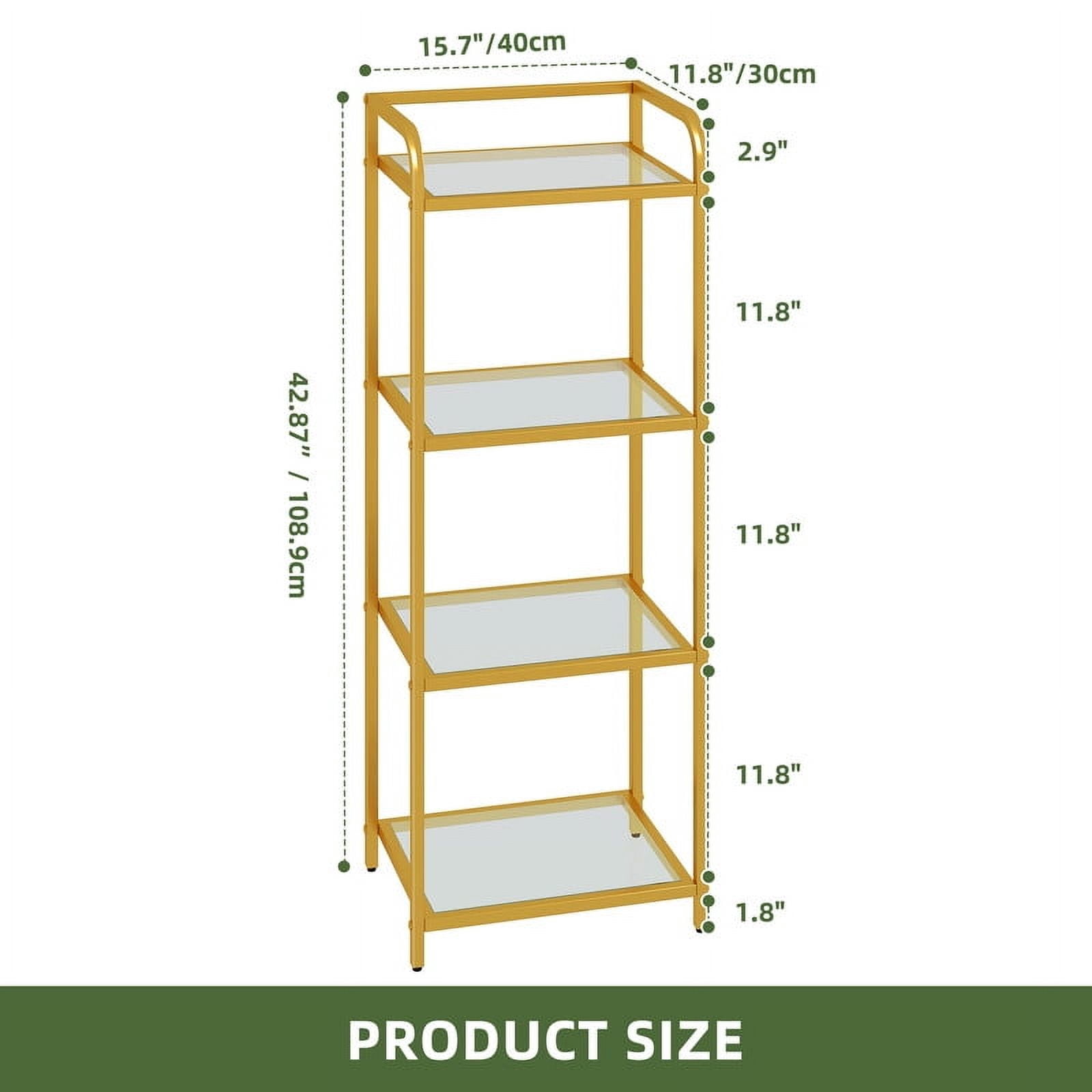 Uforic 4 Tier Modern Bookshelf, Tempered Glass Narrow Bookshelf, Open Display Bookcase, Gold Shelf Unit for Home Office, Living Room
