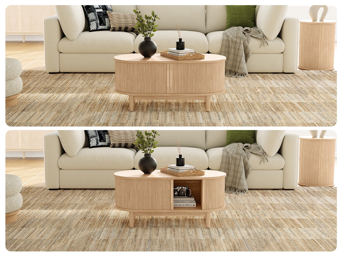 LINSY HOME Fluted Coffee Table with Storage, Mid-Century Coffee Table for Living Room with Sliding Tambour Door, Oak