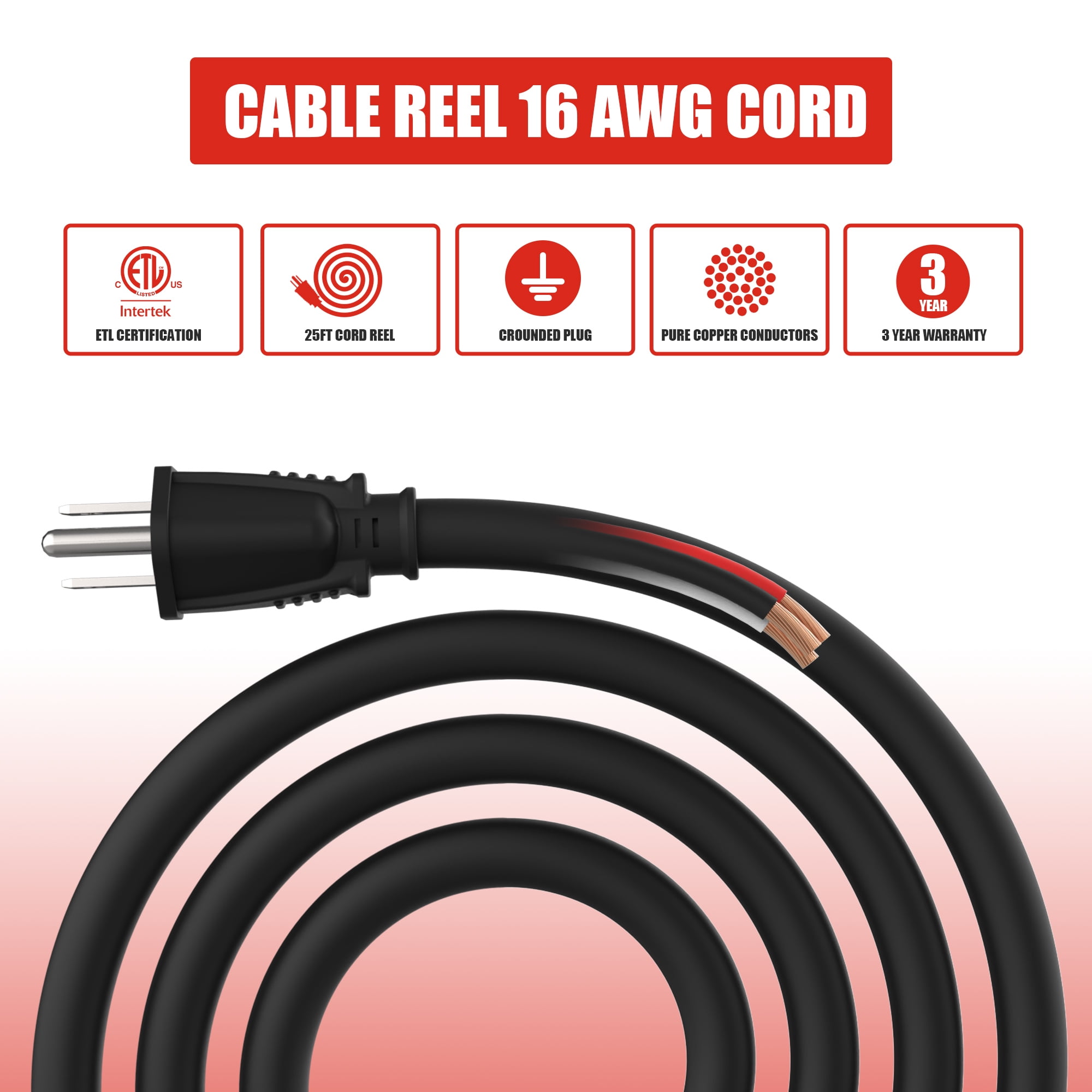 Hongyi 16AWG x 3C 25ft 4-Outlet SJT Extension Cord Reel, Red