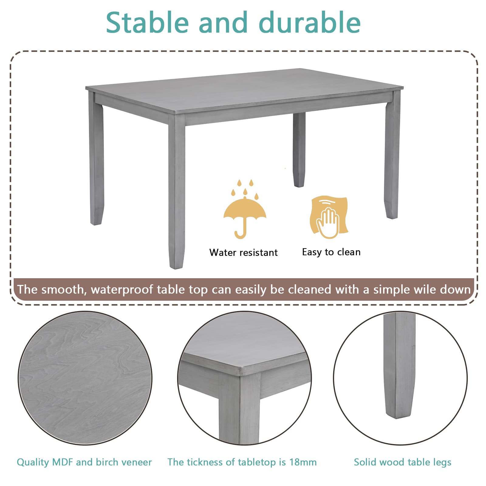 MAYEERTY 6-Piece Kitchen Dining Set Gray Rectangular Wooden Table 4 Upholstered Chairs Bench for 6 People
