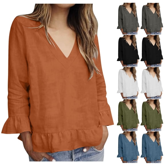 Women Blouses 3/4 Length Sleeve V-Neck Summer Casual Tunic Tops Ladies Elegant Business Shirts 2025 Orange L
