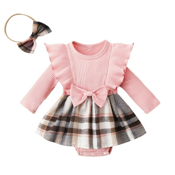 Toddler Baby Girl Fall Winter Outfit 3M 6M 9M 12M 18M Plaid Romper Dress Ruffles Long Sleeve Clothes Jumpsuit with Bow Headband