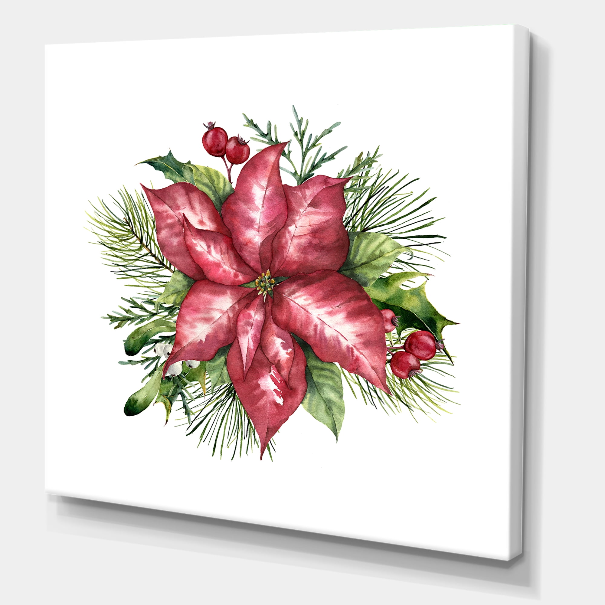 Designart ' Christmas Fir Branch and Holly Mistletoe Berries III ' Traditional Canvas Wall Art Print