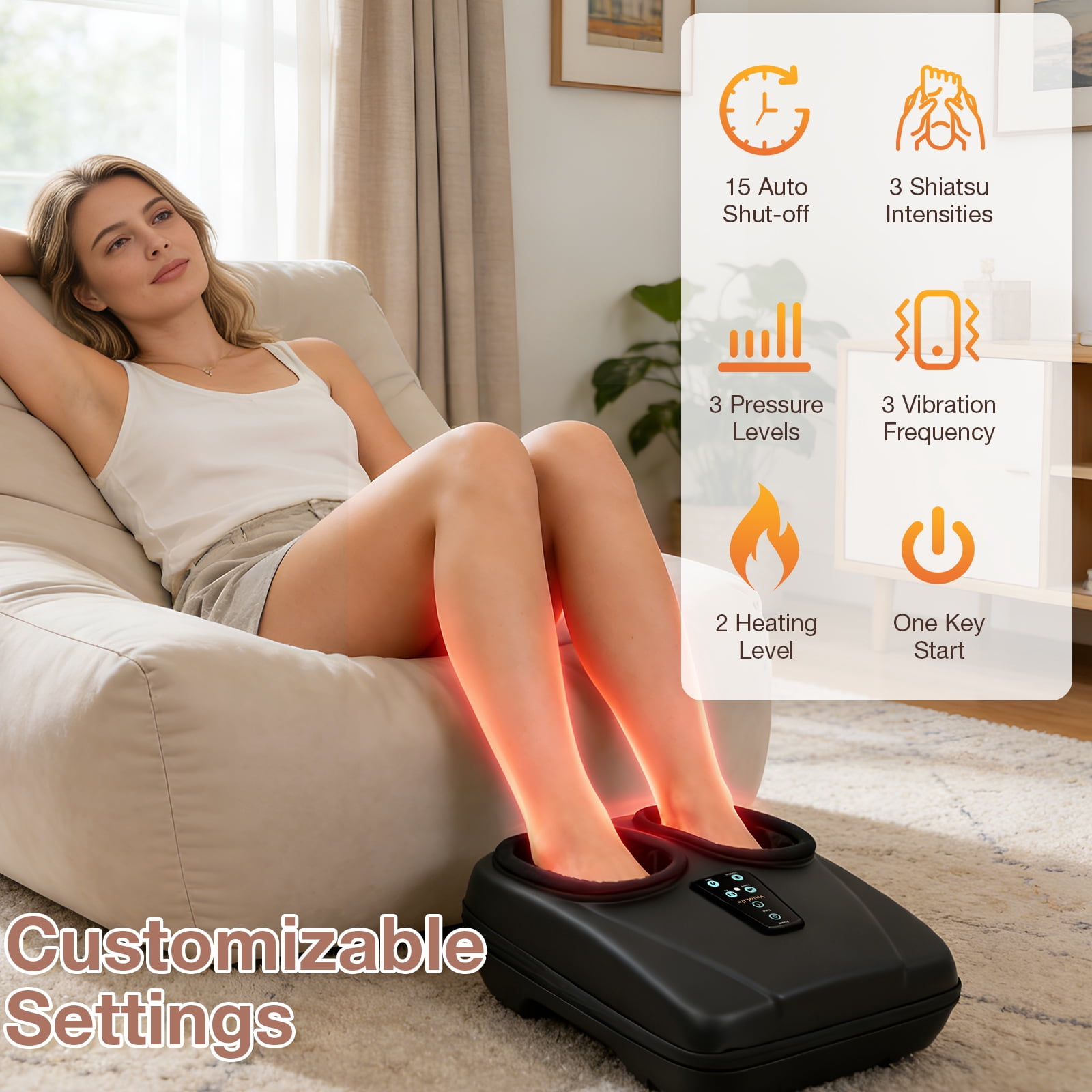 Shiatsu Foot Massager with Heat, Electric Foot Massager Machine for Plantar Fasciitis Neuropathy with Remote Control, Adjustable Vibration and Compression (Black)