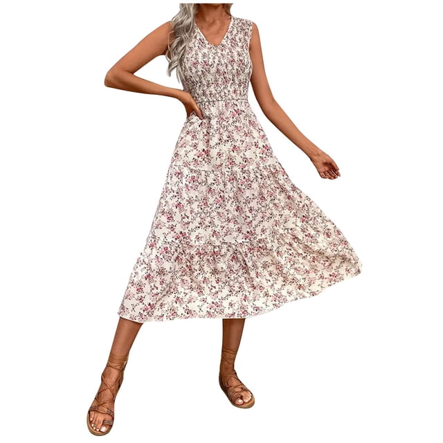 Vestido de Verano de las Mujeres Elegante Impreso sin Mangas Cuello en V Vestido Casual de Línea para Diario Y Fiestas