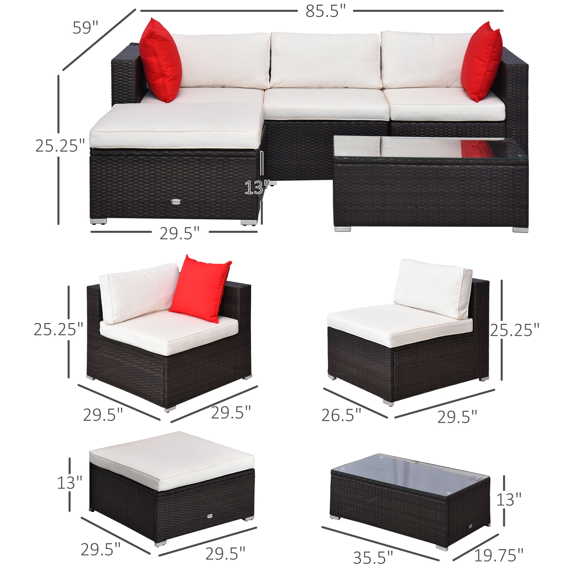 Outsunny 5-Piece Outdoor Sectional Furniture, Patio Sofa Set, PE Wicker Couch, Cushions, Pillows, Ottoman, Coffee Table, Cream White