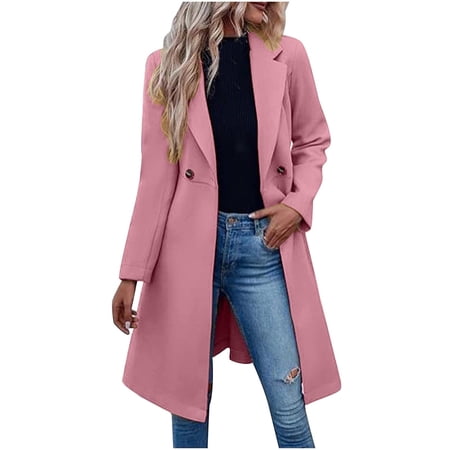 Tawop Lady Jackets for Women Anorak Mid-Length Solid Color Pockets Long Sleeve Button Regular Pink L