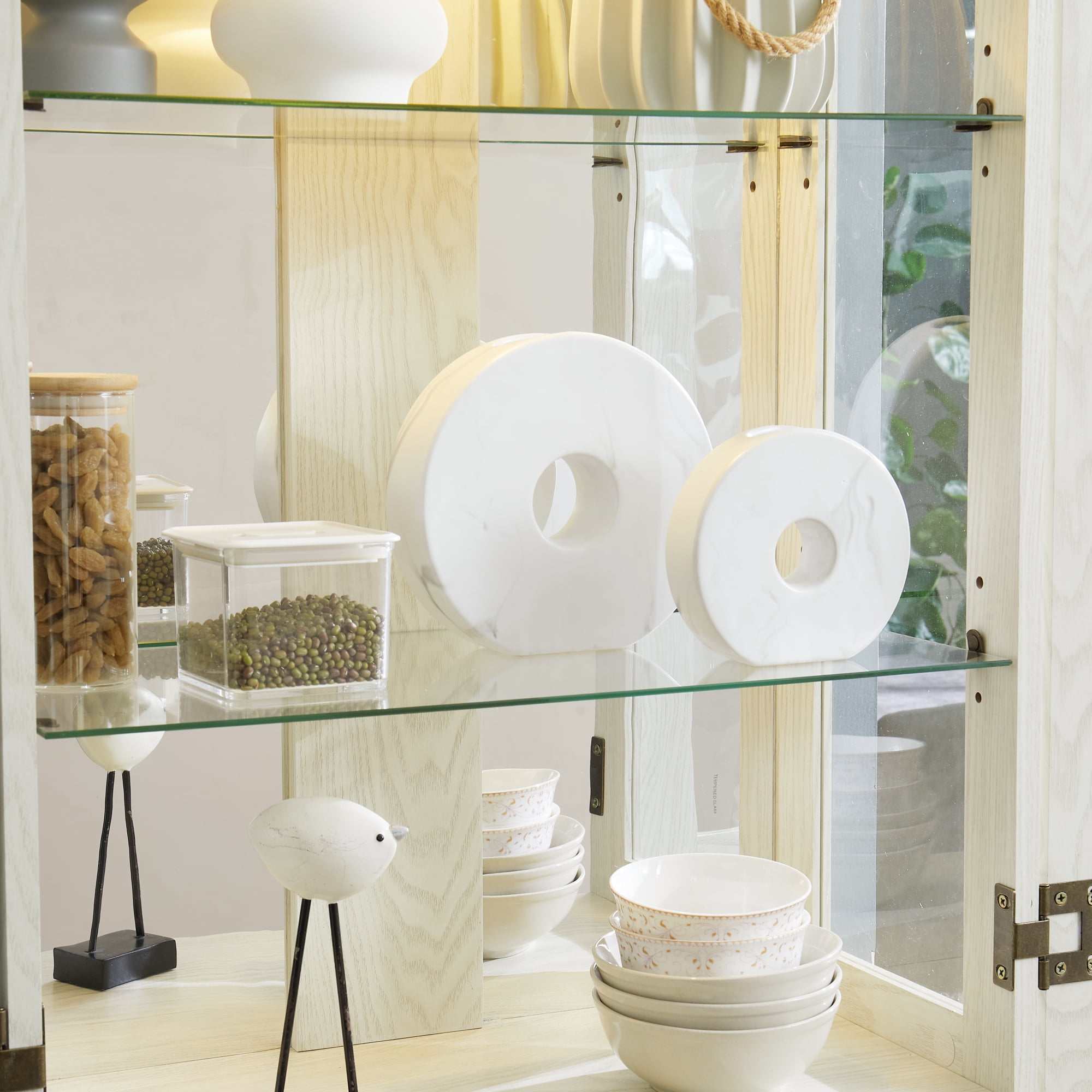 Leumius Elegant Lighted Glass Curio Display Cabinet, Wooden Frame Storage for Living Room, Kitchen & Pantry, Glass Cabinet for Wine, Toys & Collectibles White