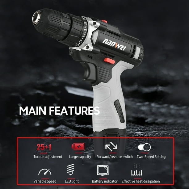 NANWEI NANWEI 12V Portable Cordless Drill 3 8 Inch Chuck 25 1 Gear Adjustment Handheld Electric Drill Power