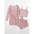 thumbnail image 2 of Conjunto de pijama de 3 piezas para mujer, camiseta de punto acanalado, pantalones cortos, ropa de dormir suave con bata y cárdigan, 2 of 5