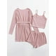 thumbnail image 2 of Conjunto de pijama de 3 piezas para mujer, camiseta de punto acanalado, pantalones cortos, ropa de dormir suave con bata y cárdigan, 2 of 5