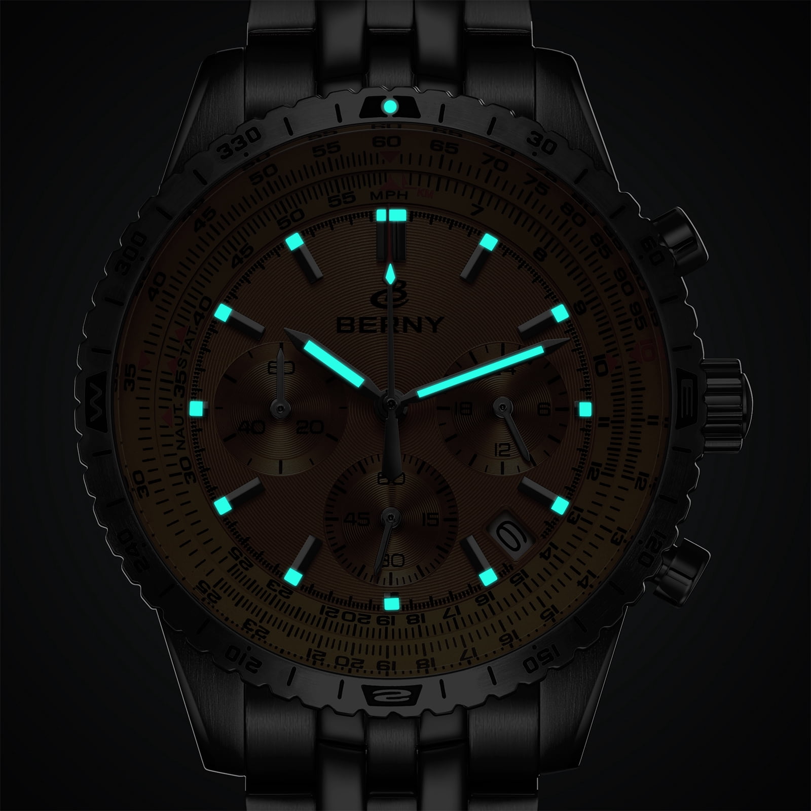 BERNY Silver Chronograph Watches for Men, Sport Luxury Analog Quartz Watch with Tachymeter, Stainless Steel, Waterproof, Luminous, Sapphire Crystal, Date Calender, Men's Wristwatch (Gold)