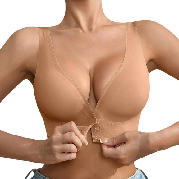 khonts,Women's Deep V Seamless Bras No Underwire Front Hook Closure Plunge Bra Wireless Comfy Padded Push up Bralettes Rose Gold XL