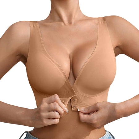 khonts,Women's Deep V Seamless Bras No Underwire Front Hook Closure Plunge Bra Wireless Comfy Padded Push up Bralettes Rose Gold XL