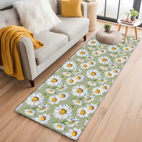 White Daisy Kitchen Runner Rug 2x6 Washable Runners for Hallway Non Slip Sage Green Botanical Flowers Floral Country Large Area Rug Indoor Floor Carpet for Bathroom Laundry Entryway Bedroom