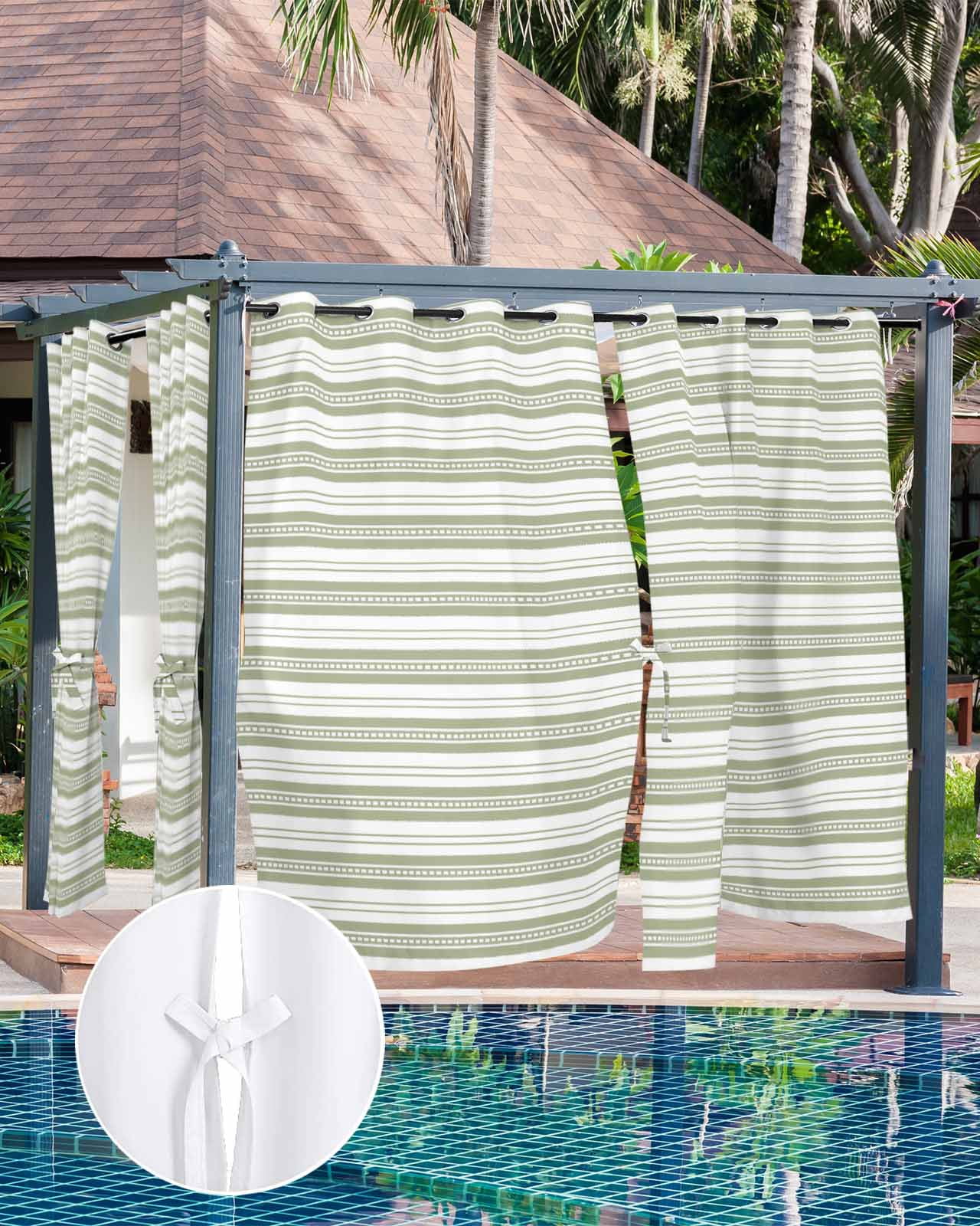 nqOlkjepod Outdoor Curtains for Patio Waterproof, Boho Sage Green Stripe Outdoor Privacy Panels Grommet, Abstract Geometric White Minimalist Blackout Outside Curtains for Porch 54"x108", 1 Panel