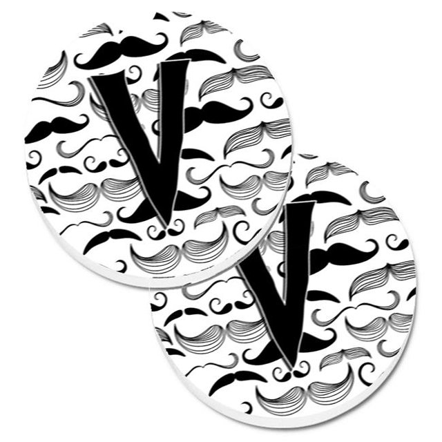 Letter V Moustache Initial Set of 2 Cup Holder Car Coaster