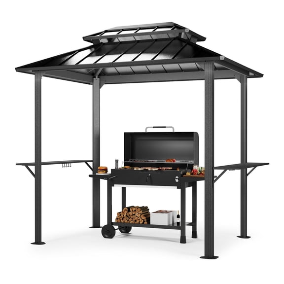 LAUSAINT HOME 8x6 ft Hardtop Grill Gazebo, Outdoor Galvanized Steel Double Roof Patio Gazebo, Metal BBQ Canopy Pergola with 2 Side Shelves and Hooks for Backyard, Garden, Poolside, Black