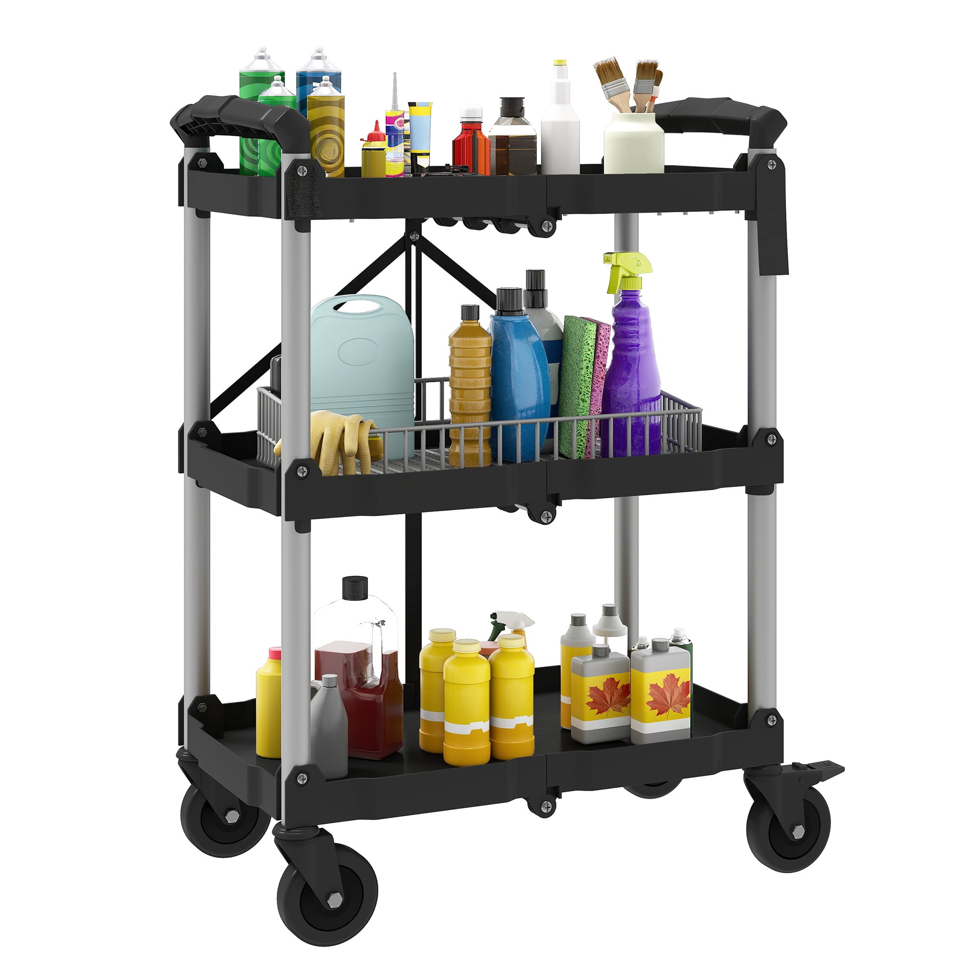Uforic 3-Tier Collapsible Utility Cart, 240 lbs Capacity, with 360° Swivel Wheels for Home, Garage, and Office