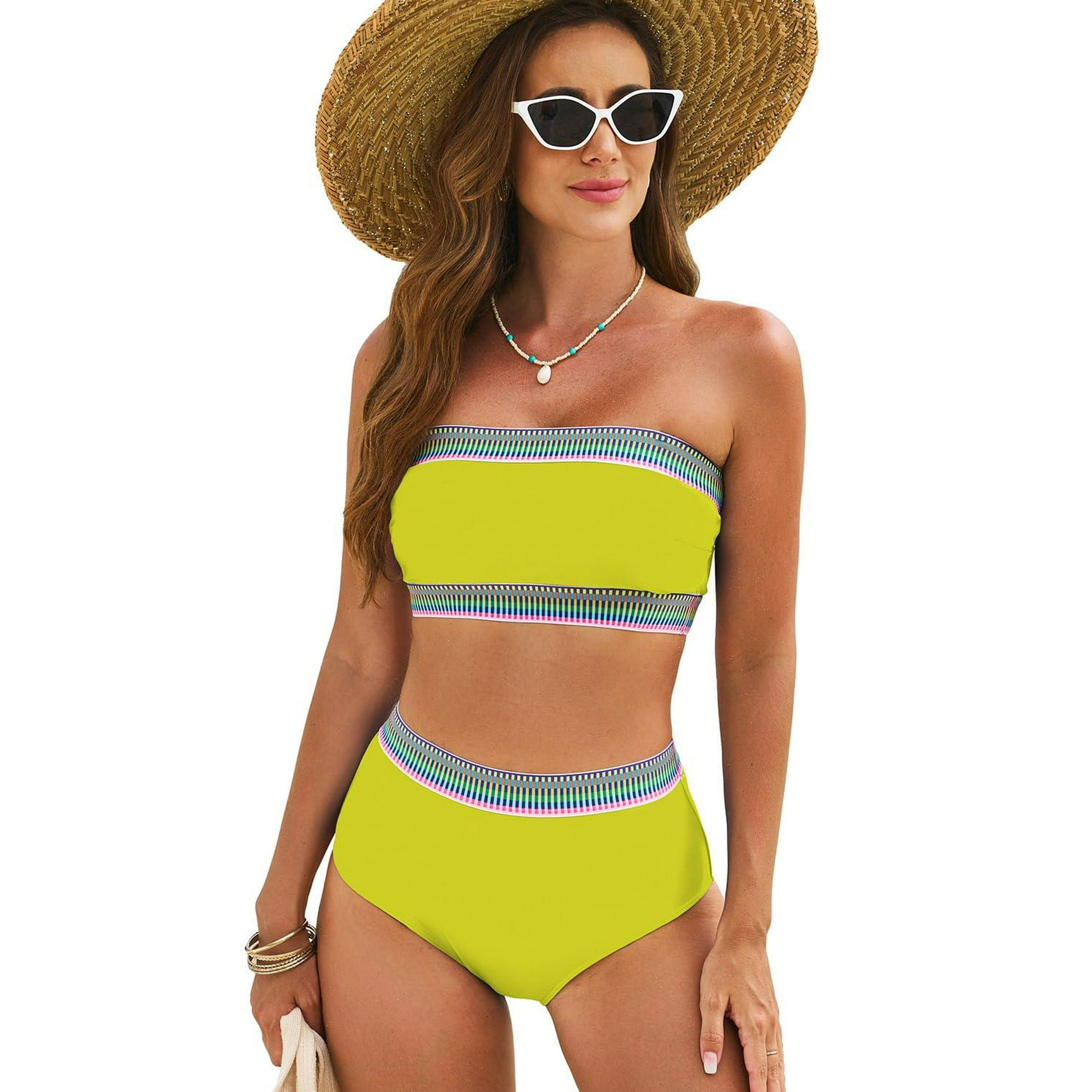 Women s 2 Pieces High Waist Bikini Color Block Bandeau Swimsuits 2024 Summer Off Shoulder Cheeky Bathing Suit Walmart