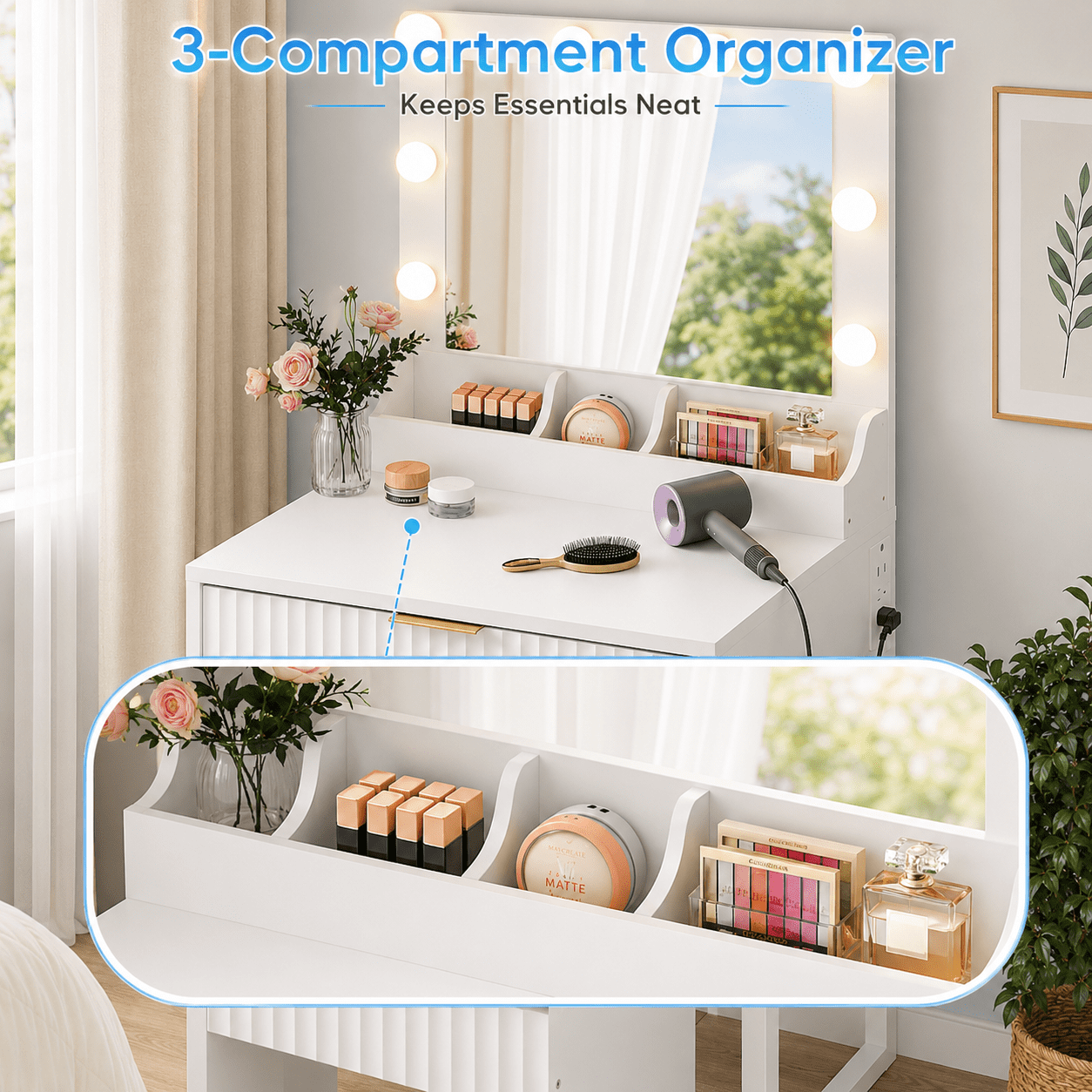 Ktaxon Flutted Makeup Vanity Table w/Stool, Dressing Desk with Charging Station, For Femal Gift, White