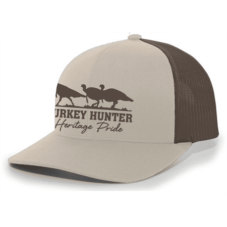 Heritage Pride Turkey Hunter Featuring Three Ocellated Turkeys Mens Embroidered Mesh Back Trucker Hat Khaki/Brown
