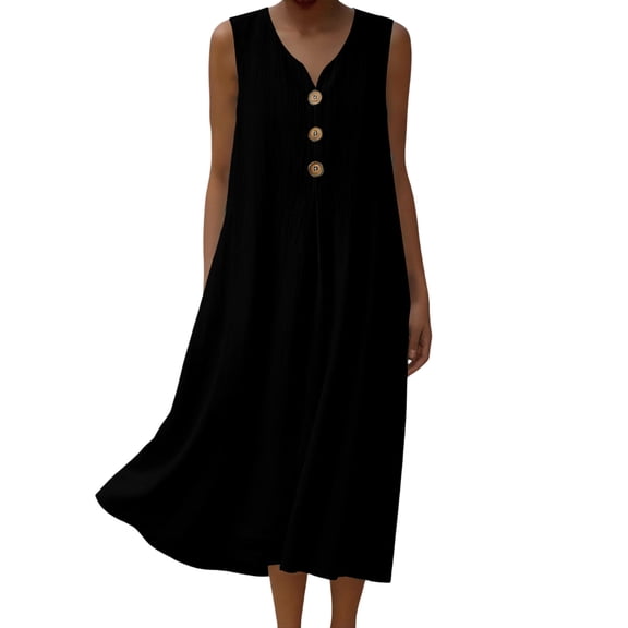 Makaor Linen Dress Women Sheath Button Maxi Dresses Plus Size Sleeveless Dress Solid V Neck Beach Vacation Clothes with Pockets Black L