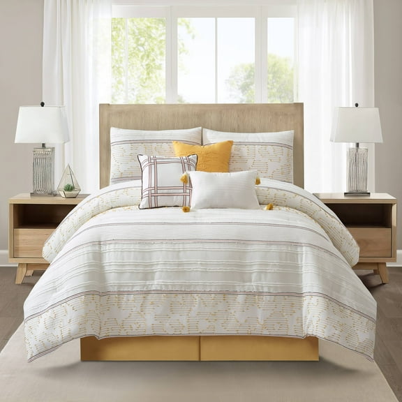 Nanshing Fanny 7 Piece Modern Striped Comforter Set, White Yellow, California King
